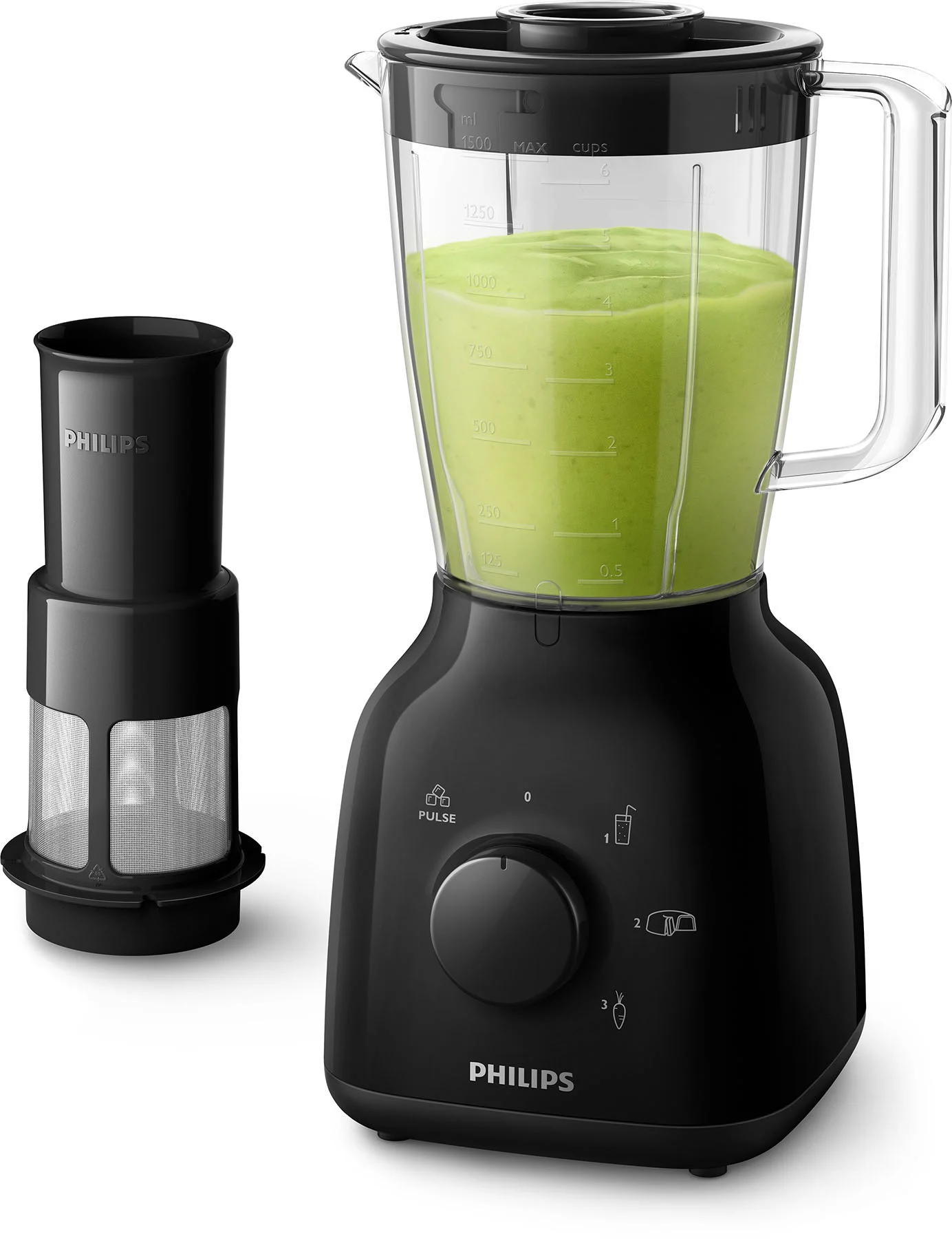 Licuadora Philips negra con jarra transparente graduada, tapa negra y filtro cilíndrico separado.