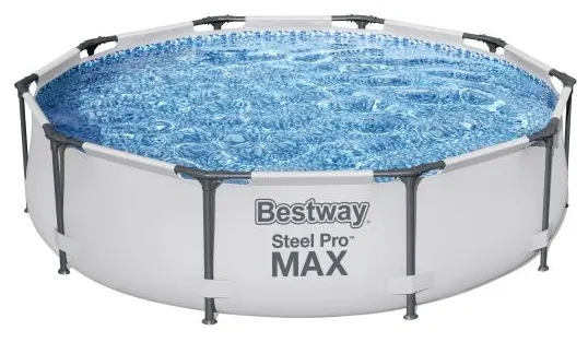Piscina circular Bestway Steel Pro MAX elevada, con revestimiento gris claro y estructura metálica de soporte.