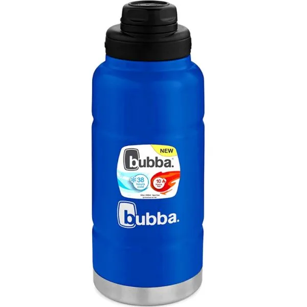 Botella bubba Trailblazer azul intenso con tapa negra de varias piezas y base plateada.