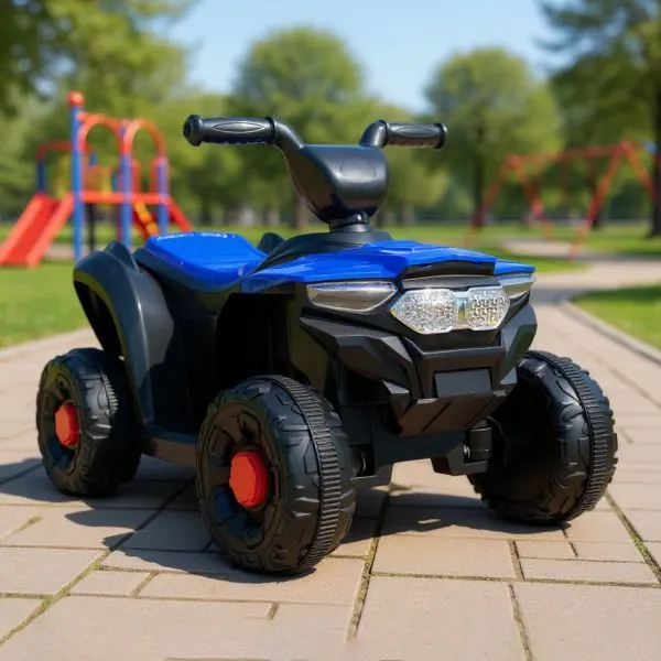 Cuatriciclo eléctrico infantil Cuasi azul y negro con cuatro ruedas gruesas, asiento azul y manubrio