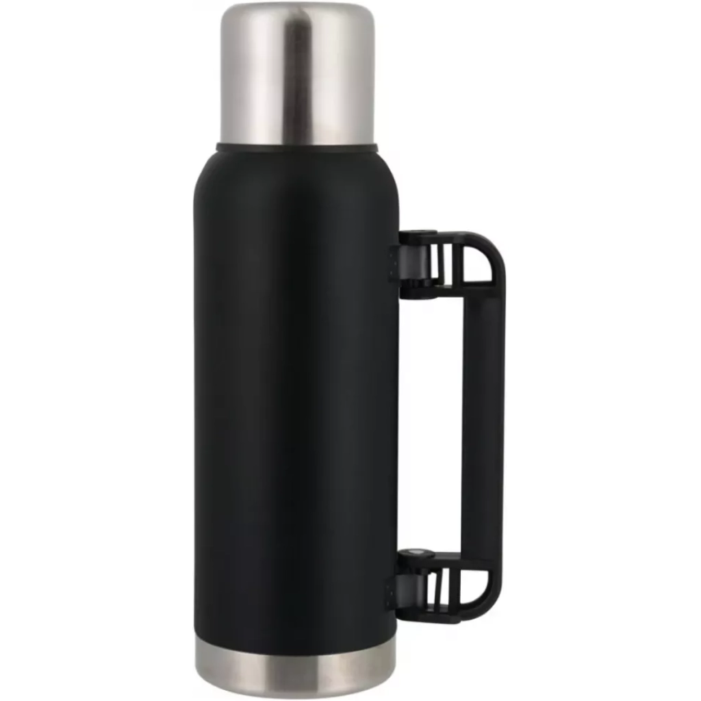 Termo Selecta negro de cuerpo cilíndrico con asa lateral y extremos plateados.