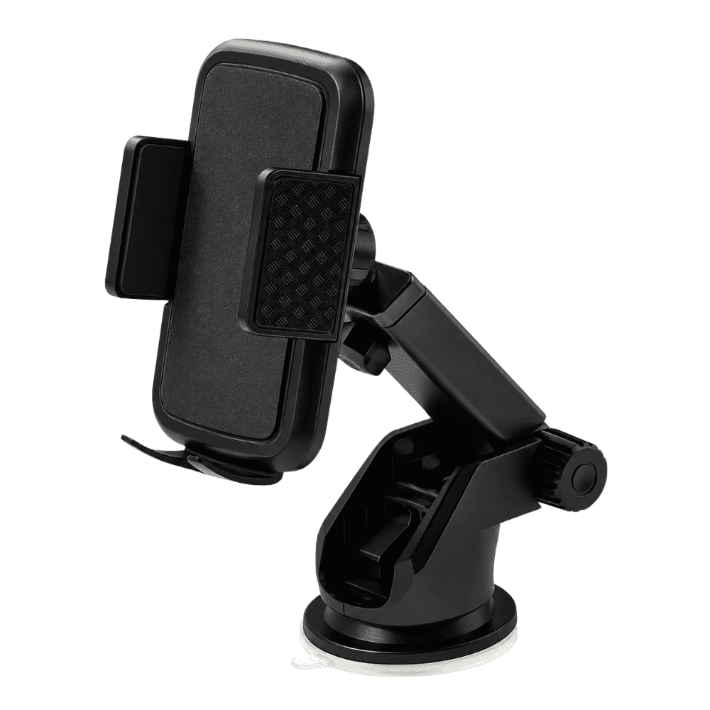 Soporte negro para celular con ventosa circular, brazo articulado y apoyos laterales e inferiores
