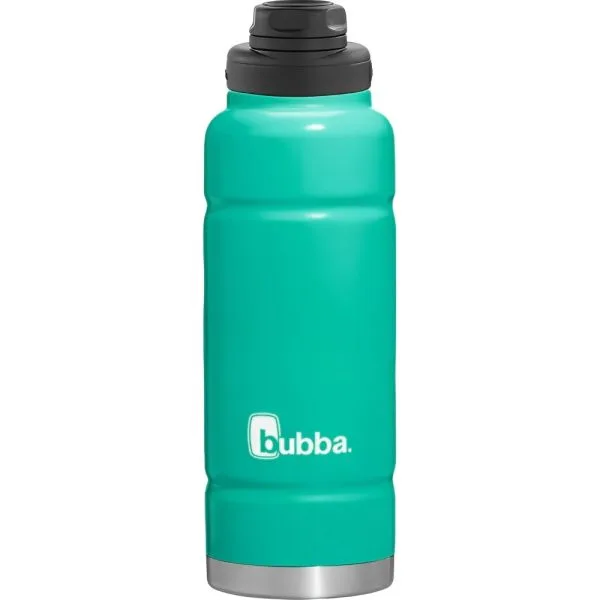Botella bubba Trailblazer verde agua con cuerpo contorneado, tapa negra con pieza articulada y base plateada.