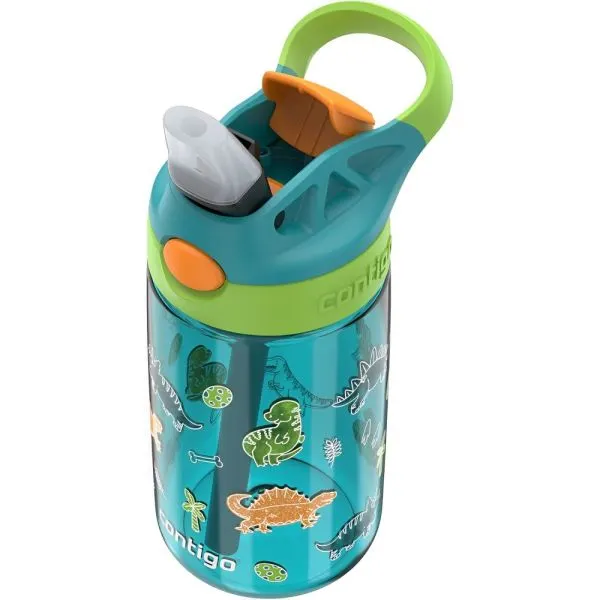 Botella infantil Contigo turquesa con ilustraciones de dinosaurios, tapa turquesa y verde lima, asa verde y botón naranja.