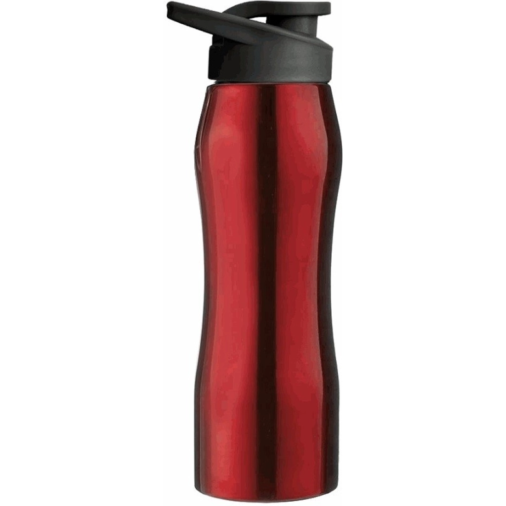 Botella Selecta roja de cuerpo metálico y tapa negra con pieza superior articulada.