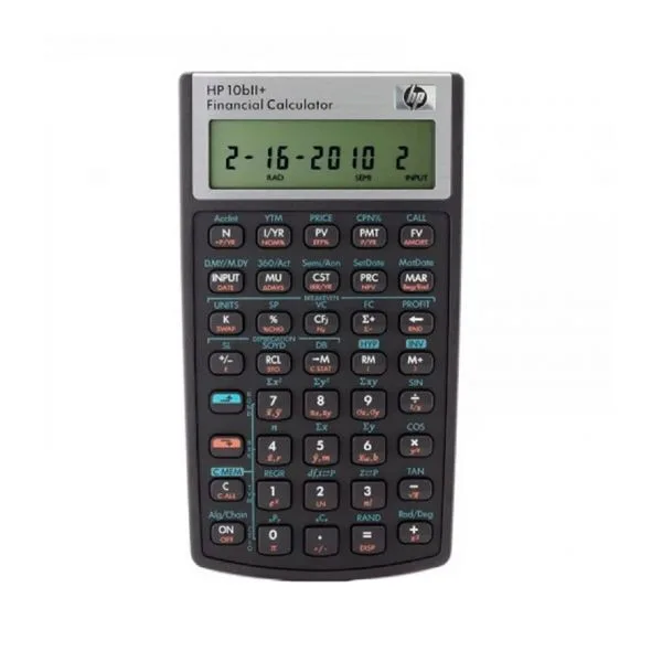 Calculadora financiera HP 10bII+ negra y gris con pantalla LCD y teclado de funciones