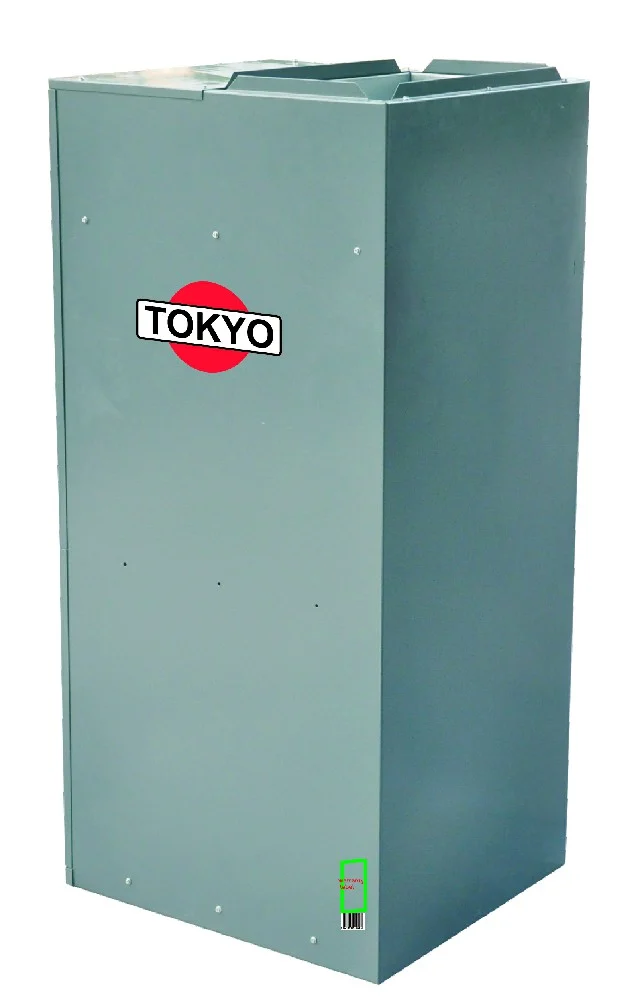 Acondicionador Tokyo para ducto vertical, con gabinete alto de carcasa metálica gris verdosa y logotipo frontal.