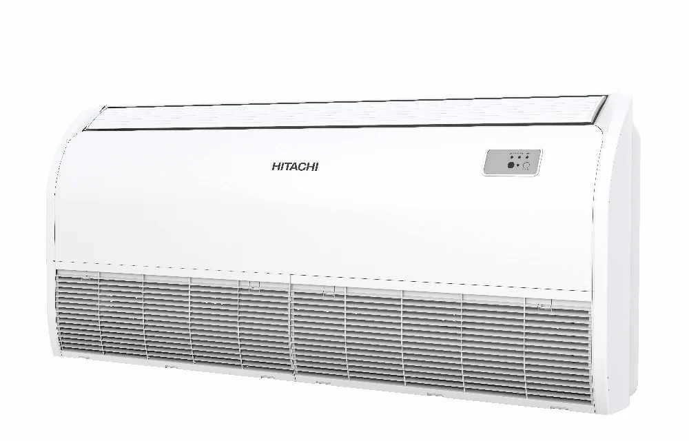 Unidad interior blanca de aire acondicionado Hitachi piso-techo con rejilla inferior de impulsión