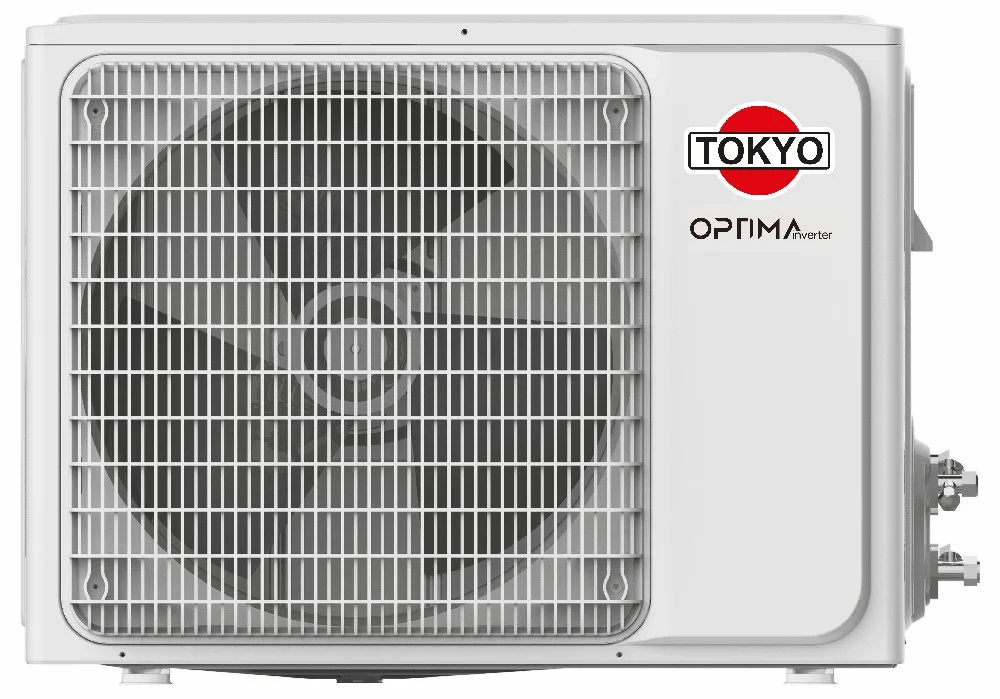 Unidad interior blanca de aire acondicionado split Tokyo Optima, con panel frontal liso y deflector inferior. - Vista 2