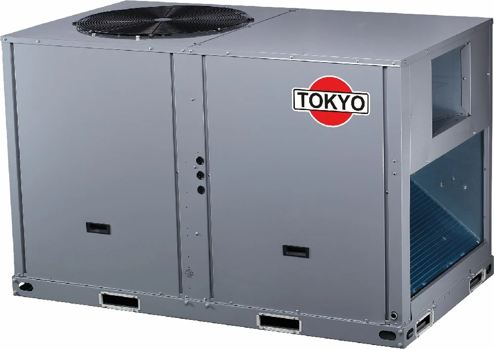 Unidad de aire acondicionado rooftop Tokyo gris con tres cabezales de descarga, paneles laterales y aperturas para ductos
