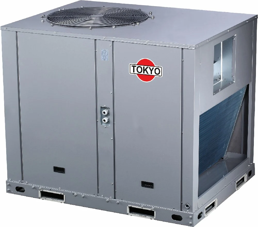 Unidad rooftop Tokyo TRCT240CWN1 gris de gran tamaño con rejillas, paneles de servicio y conexiones para ductos