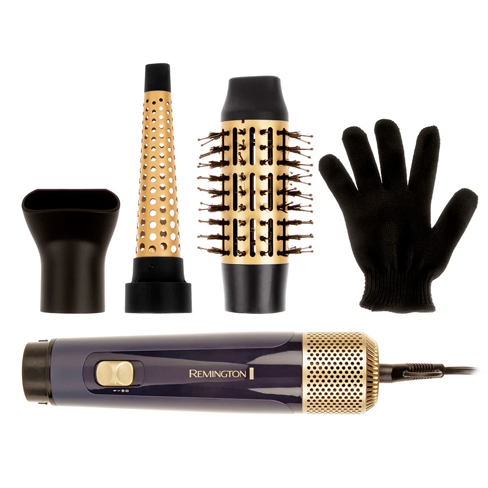 Estilizador de aire Remington Sapphire Luxe azul oscuro y dorado con tres accesorios desmontables y un guante negro.
