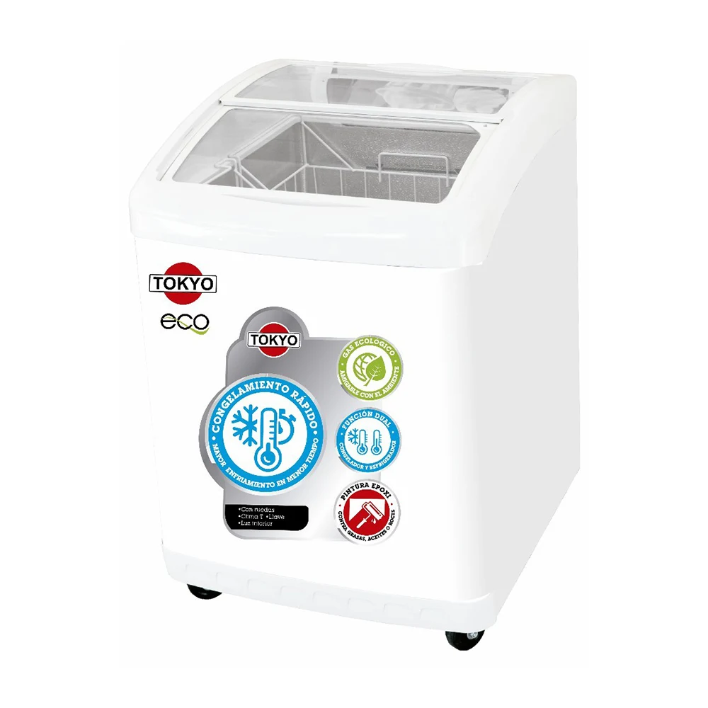 Congelador horizontal Tokyo TCONH220R blanco con tapa corrediza de vidrio curvo y canasta interior.