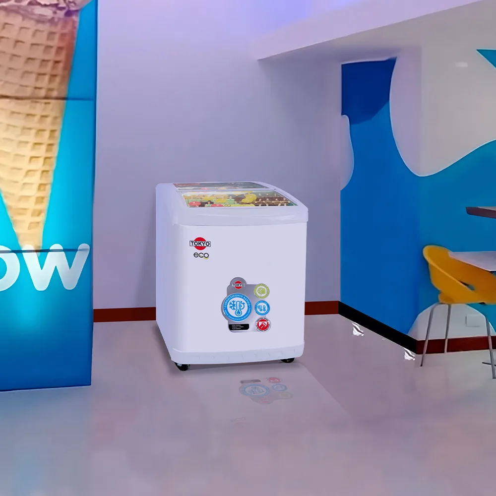 Congelador horizontal Tokyo TCONH220R blanco con tapa corrediza de vidrio curvo y canasta interior. - Vista 2