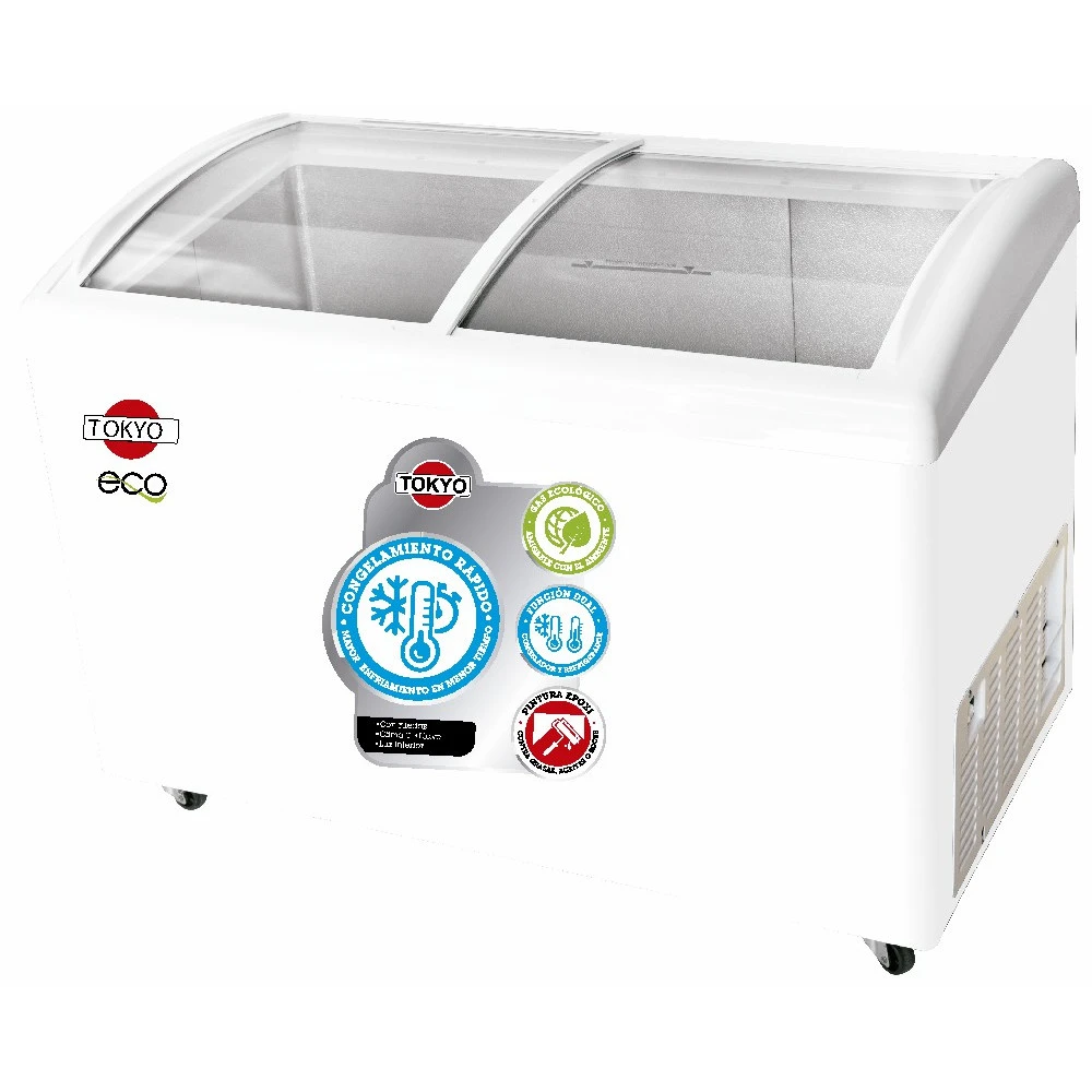 Congelador horizontal Tokyo blanco con dos tapas corredizas de vidrio curvo y ruedas.