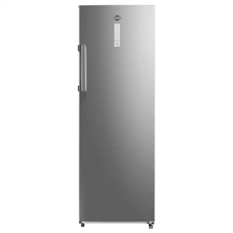 Congelador vertical Tokyo plateado tipo inox, de una puerta, con tirador vertical y panel de control superior.