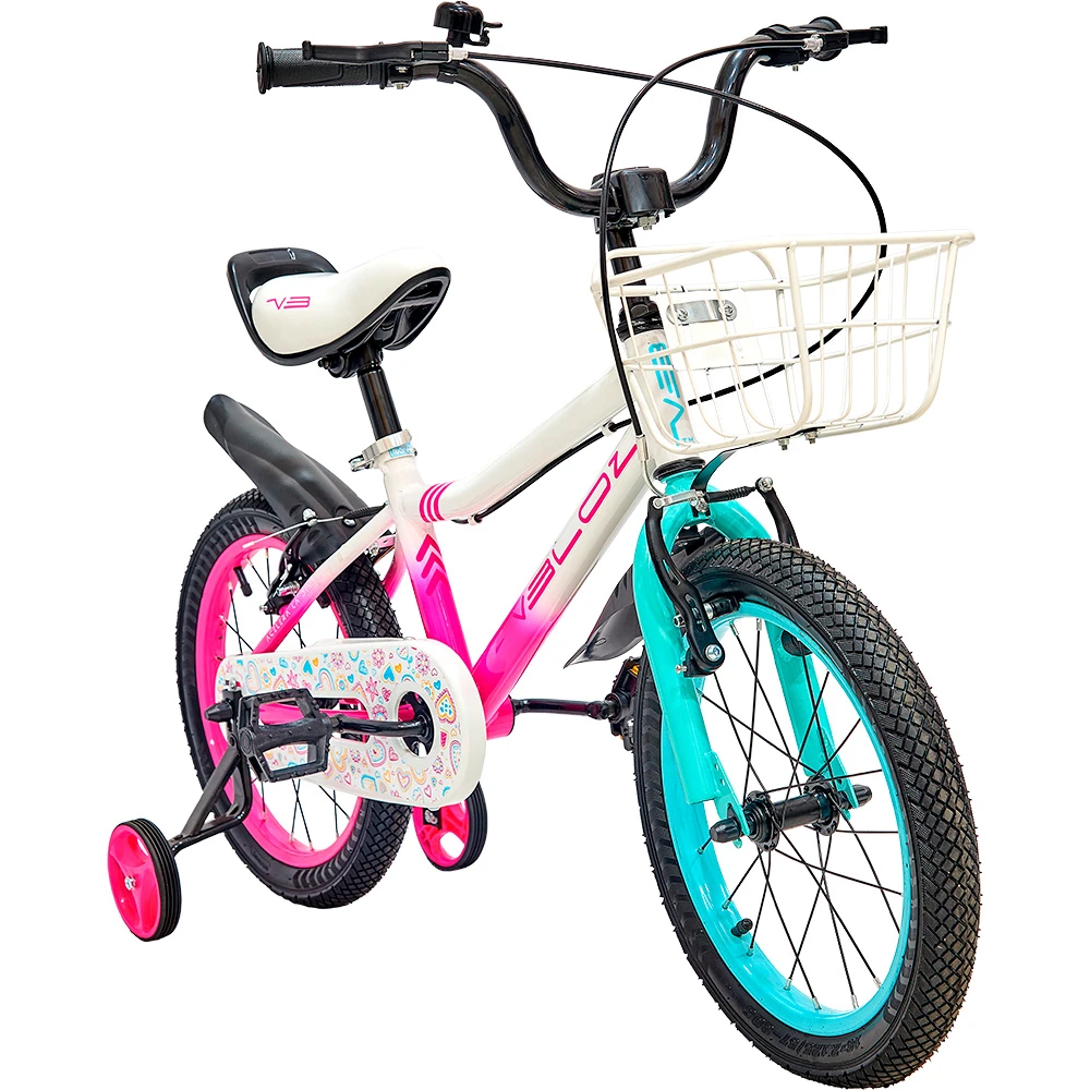 Bicicleta infantil Veloz Starlet aro 16 blanca con detalles turquesa y rosa, rueditas estabilizadoras y canasto delantero.