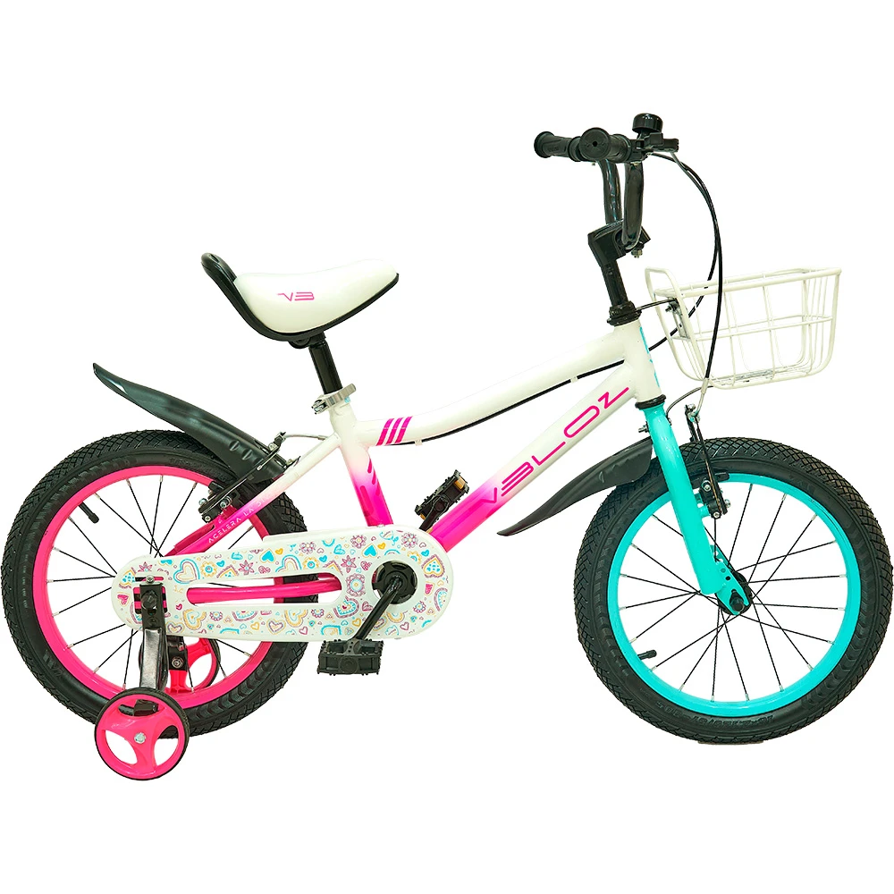 Bicicleta infantil Veloz Starlet aro 16 blanca con detalles turquesa y rosa, rueditas estabilizadoras y canasto delantero. - Vista 2