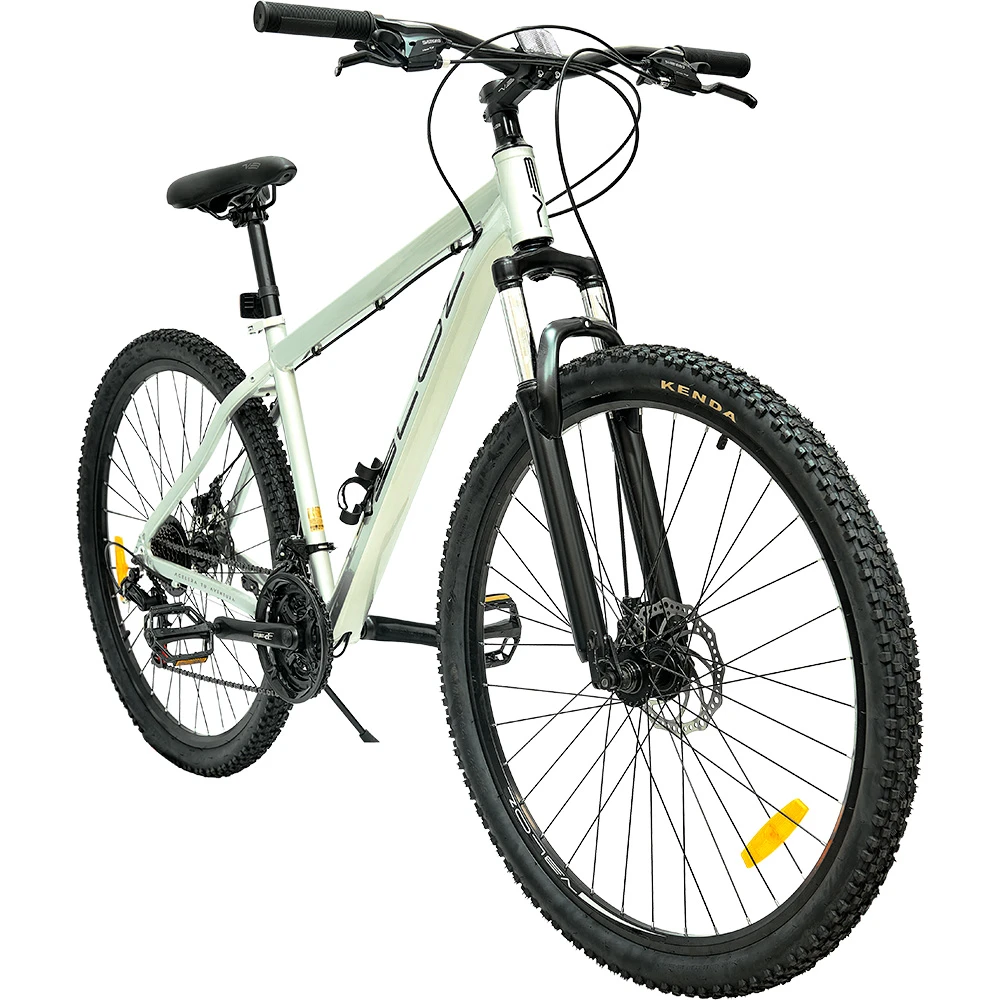 Bicicleta Veloz Blaze Pro plateada aro 29 con suspensión delantera, rotores de freno y reflectores amarillos.