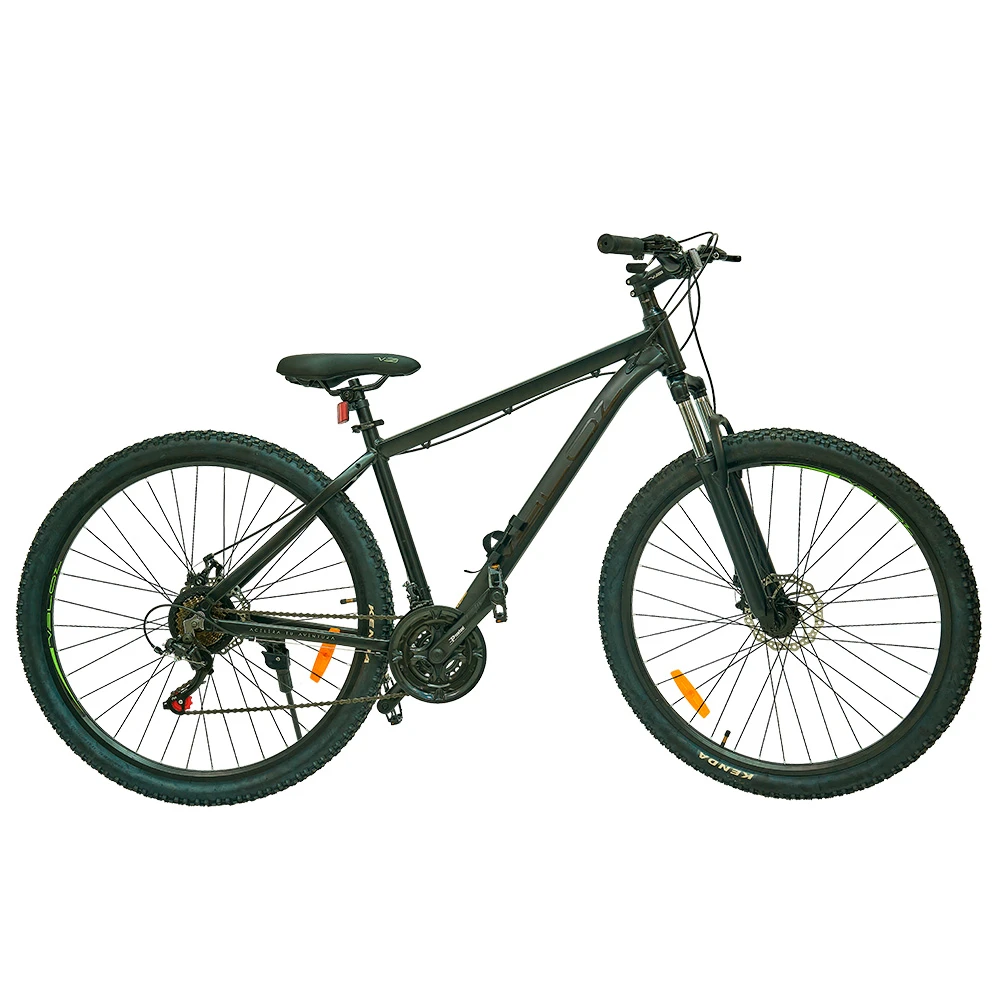Bicicleta MTB negra mate aro 29 con suspensión delantera, frenos de disco y neumáticos con tacos. - Vista 2