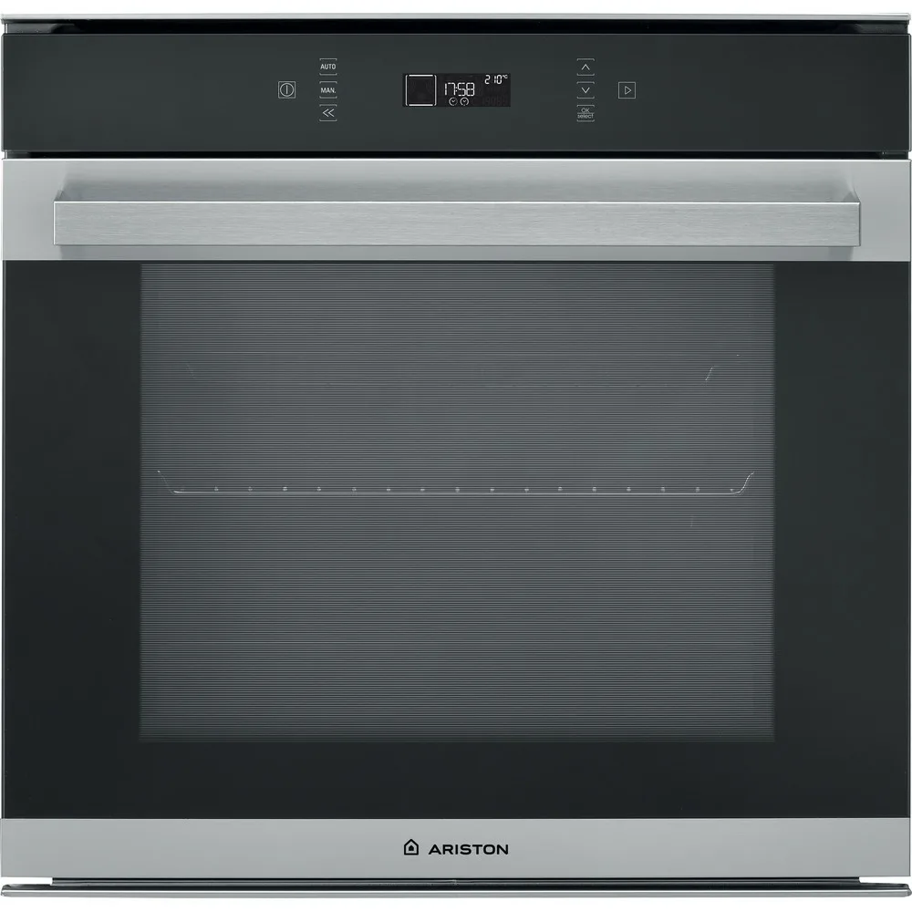 Horno empotrable Ariston con puerta de vidrio oscuro, marco plateado y panel negro con pantalla digital.