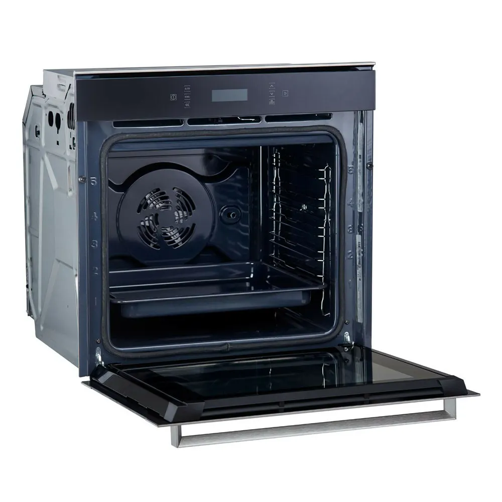 Horno empotrable Ariston con puerta de vidrio oscuro, marco plateado y panel negro con pantalla digital. - Vista 2