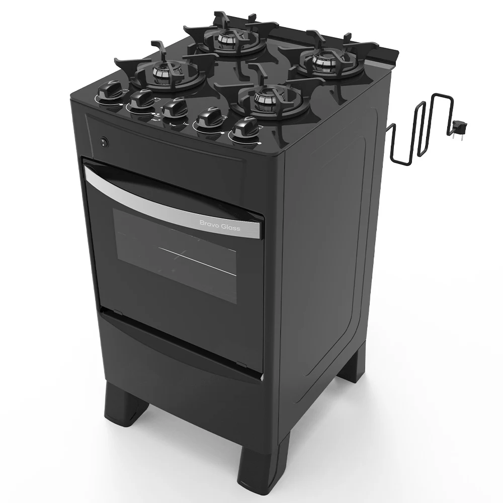 Cocina Tokyo Bravo Glass negra con cuatro quemadores, cinco perillas frontales y puerta de horno con ventana.