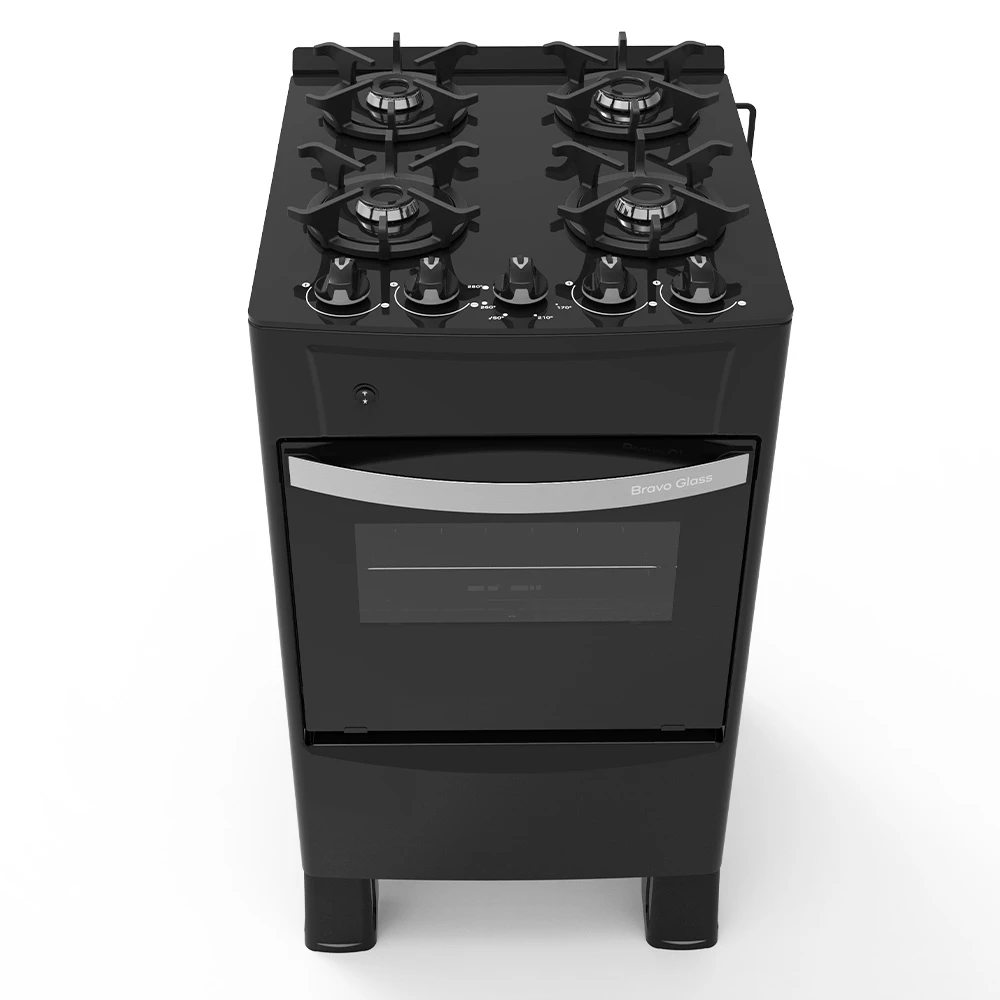 Cocina Tokyo Bravo Glass negra con cuatro quemadores, cinco perillas frontales y puerta de horno con ventana. - Vista 2