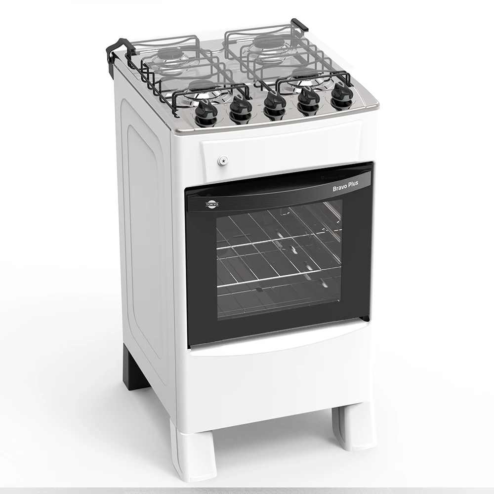 Cocina Tokyo Bravo Plus blanca con mesa plateada, cuatro hornallas, perillas superiores y horno con puerta de vidrio oscuro.
