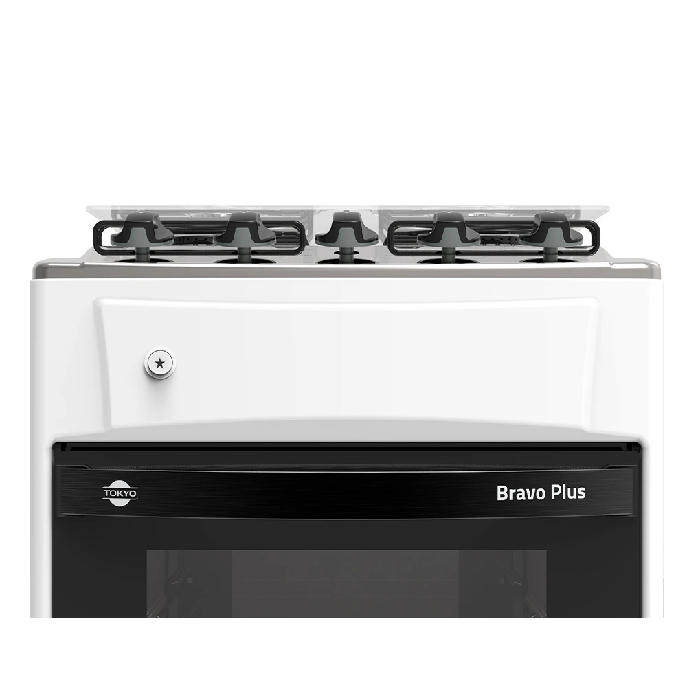 Cocina Tokyo Bravo Plus blanca con mesa plateada, cuatro hornallas, perillas superiores y horno con puerta de vidrio oscuro. - Vista 3