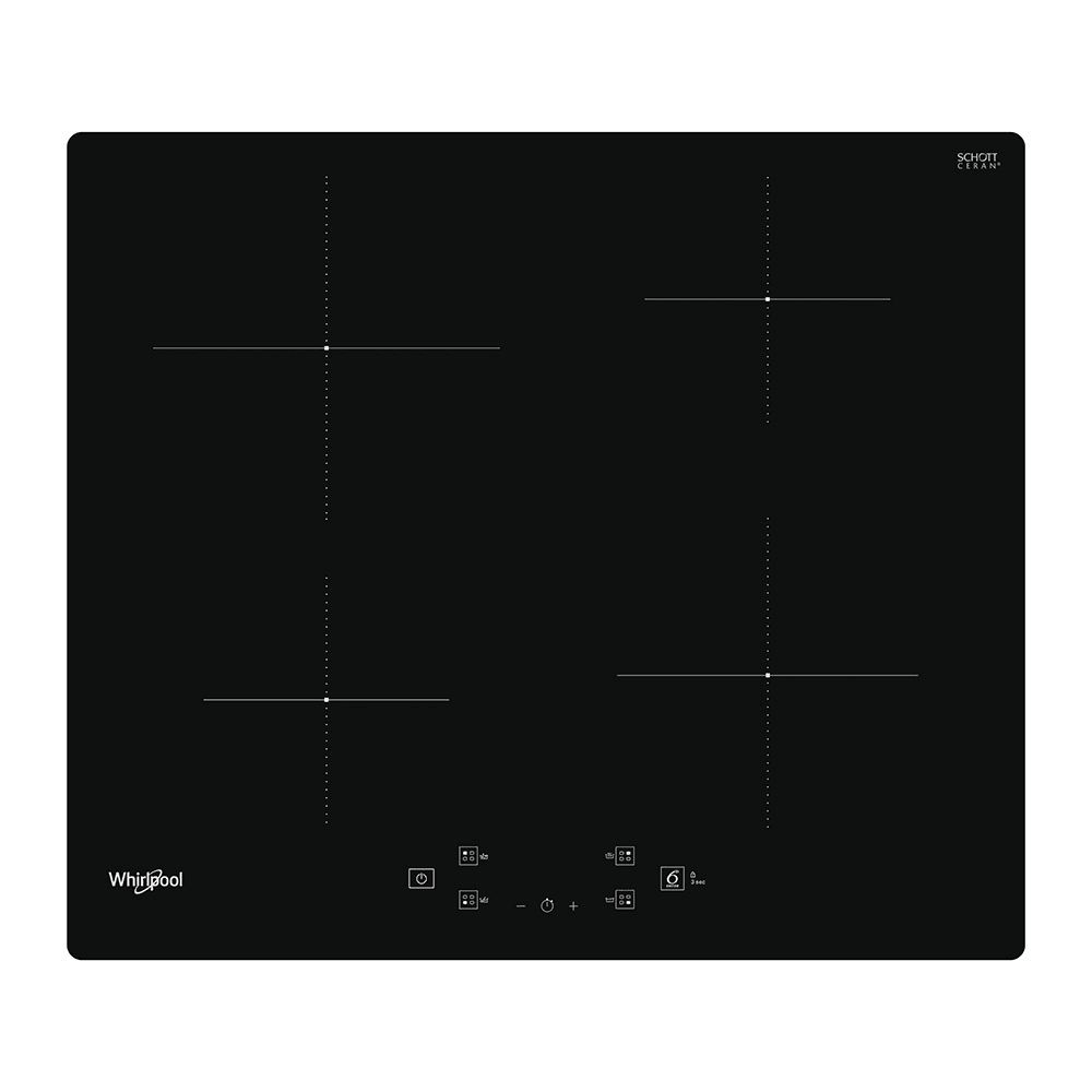 Anafe Whirlpool negro de vidrio con cuatro zonas de cocción, controles táctiles frontales y logotipo SCHOTT CERAN.