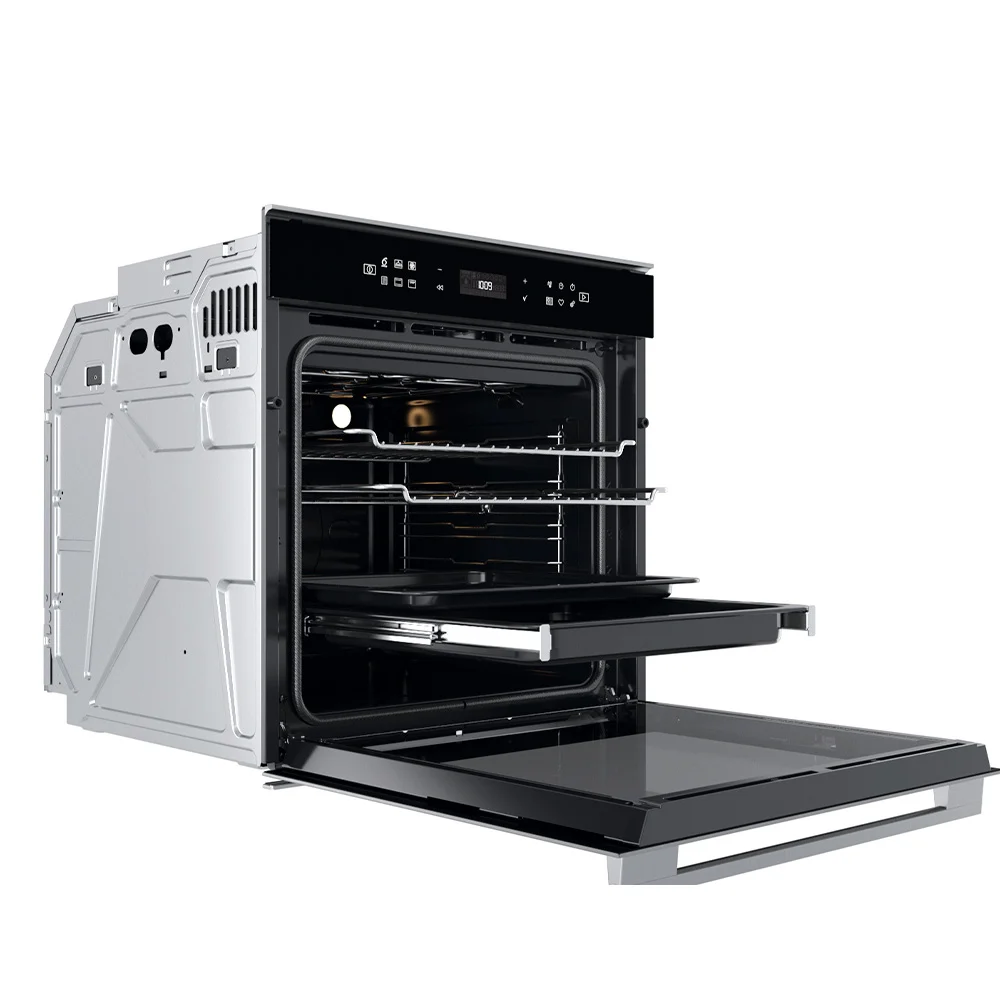 Horno empotrable Whirlpool negro con panel táctil, manija plateada y ventilador visible en la pared interior trasera. - Vista 2