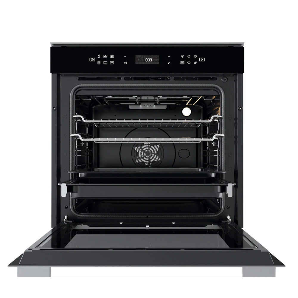 Horno empotrable Whirlpool negro con panel táctil, manija plateada y ventilador visible en la pared interior trasera. - Vista 3