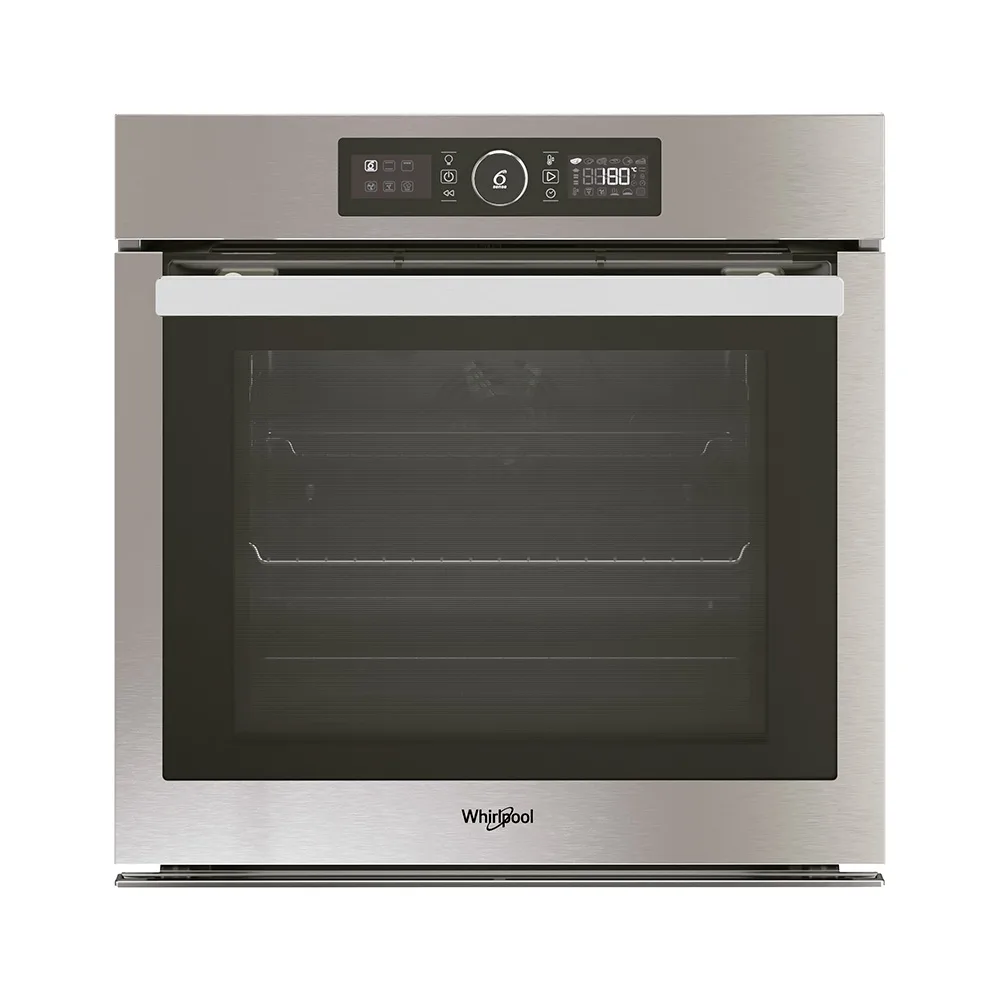 Horno empotrable Whirlpool acabado inox con panel negro, selector giratorio central, pantalla digital y puerta de vidrio.