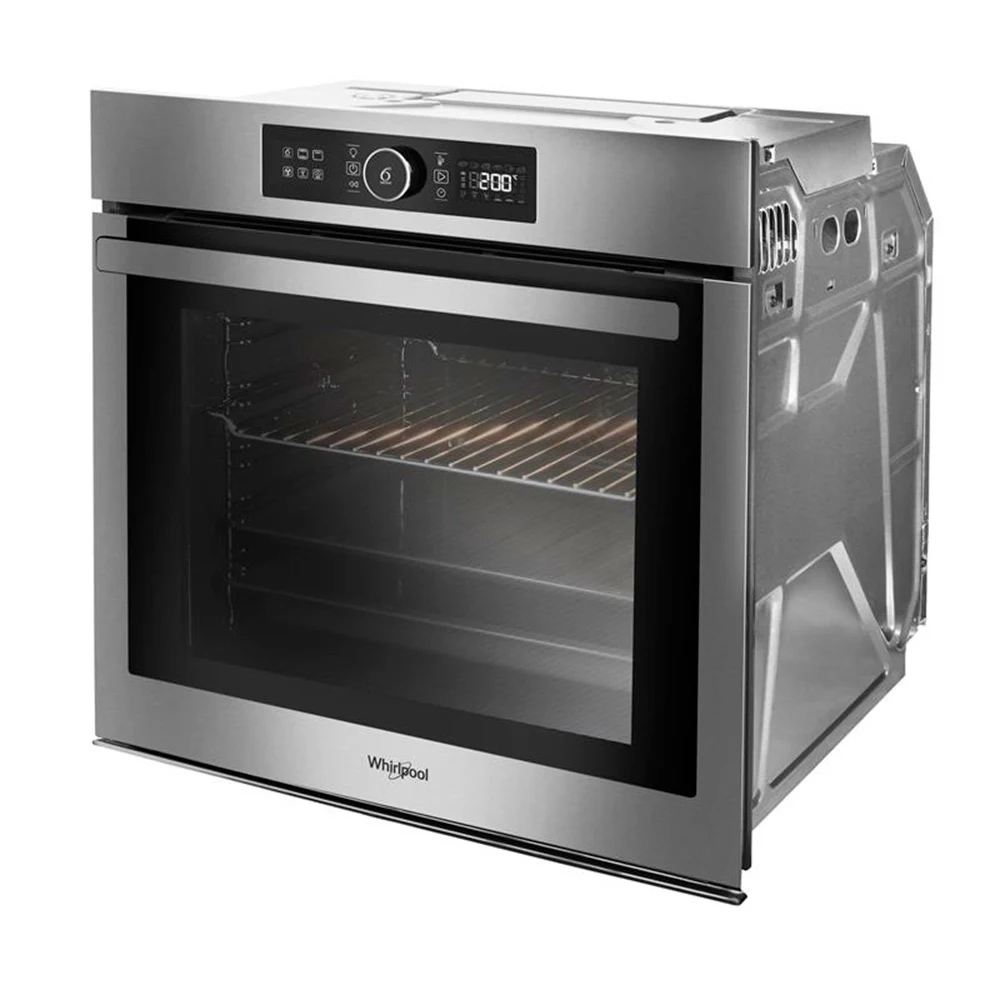 Horno empotrable Whirlpool acabado inox con panel negro, selector giratorio central, pantalla digital y puerta de vidrio. - Vista 2