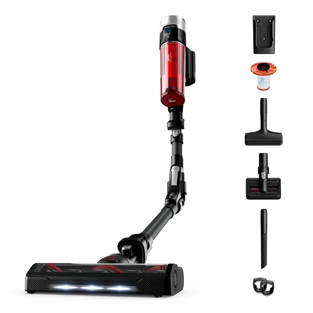 Aspiradora vertical Arno X-Force Flex 9.60 negra y roja, con depósito transparente, tubo articulado y accesorios.