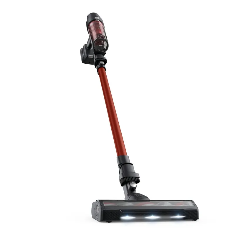 Aspiradora vertical Arno X-Pert negra y roja, con depósito transparente, tubo rojo y cabezal con luces frontales.