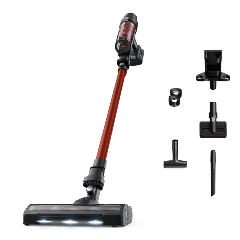 Aspiradora vertical Arno X-Pert negra y roja, con depósito transparente, tubo rojo y cabezal con luces frontales. - Vista 2