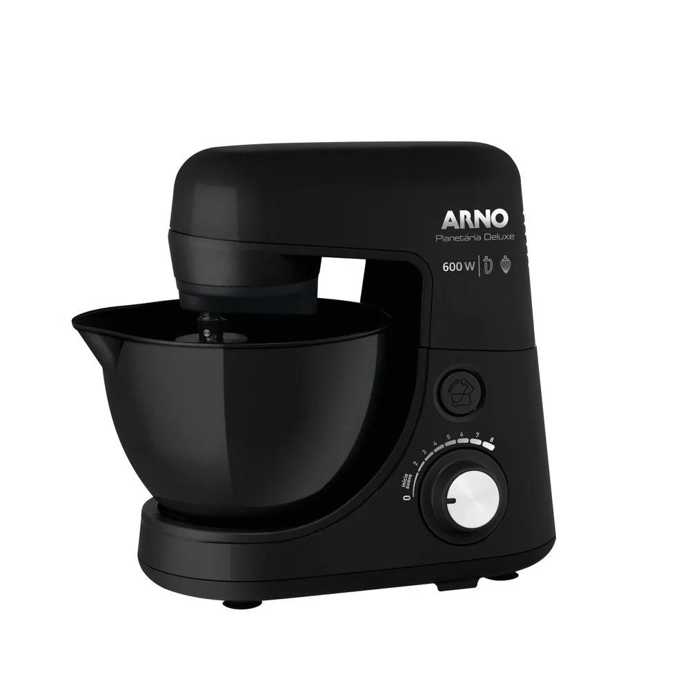 Batidora planetaria negra ARNO Deluxe con bowl oscuro con pico vertedor, selector frontal y cabezal abatible.