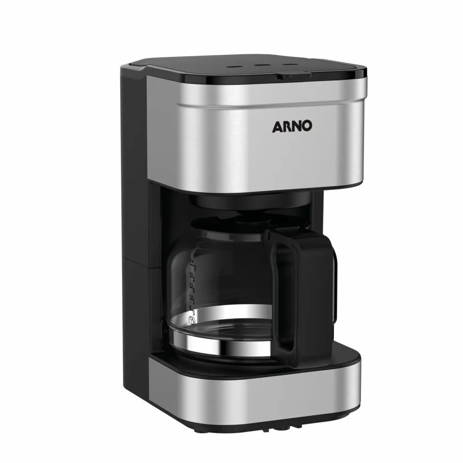 Cafetera Arno Preferita Inox negra con jarra de vidrio graduada, asa negra y base plateada.