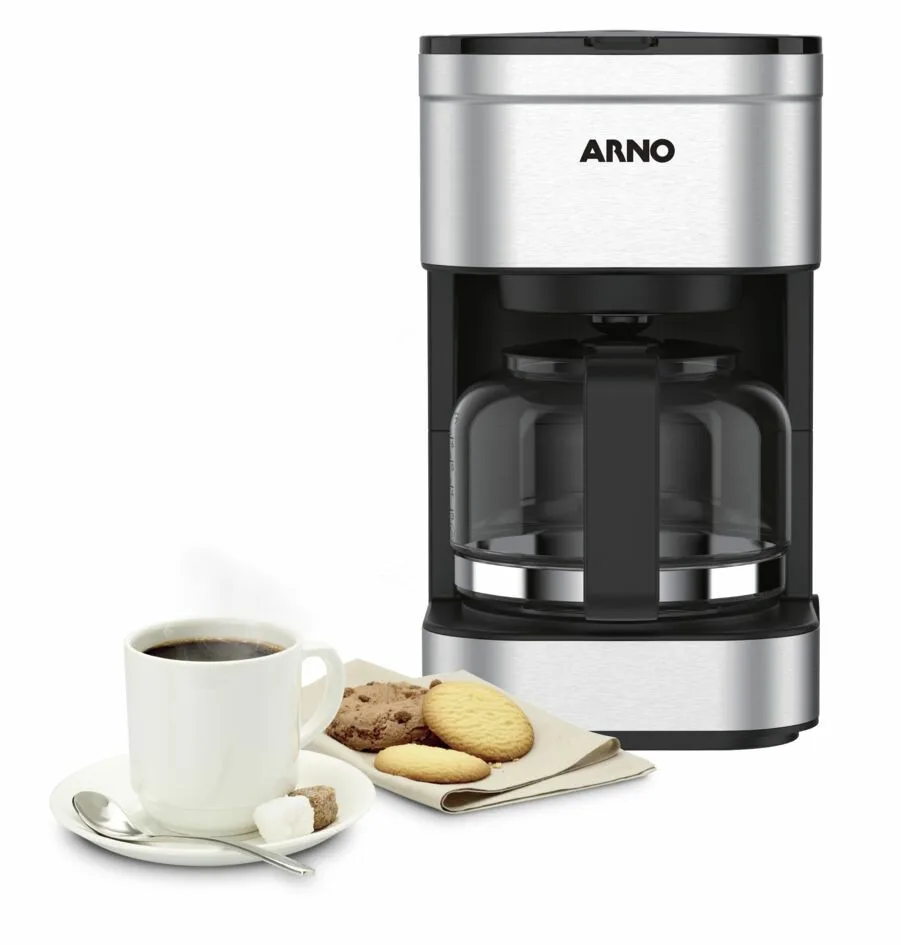 Cafetera Arno Preferita Inox negra con jarra de vidrio graduada, asa negra y base plateada. - Vista 2