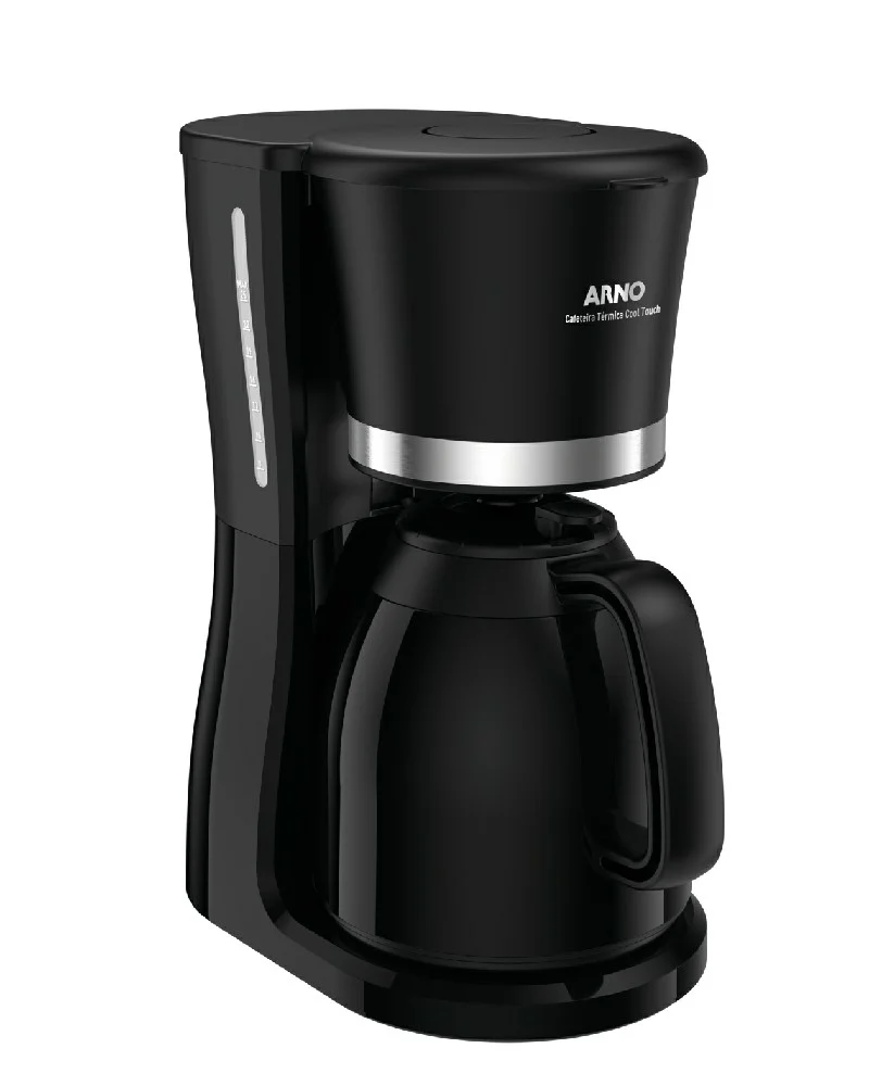 Cafetera Arno Cool Touch negra con ventana de nivel de agua y jarra térmica de asa negra.