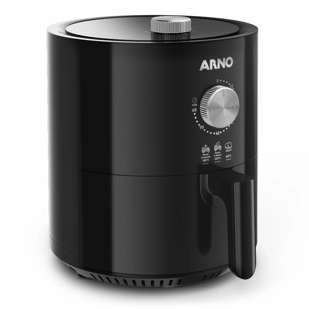 Freidora de aire ARNO negra de cuerpo cilíndrico, con cesta extraíble y dos perillas mecánicas.