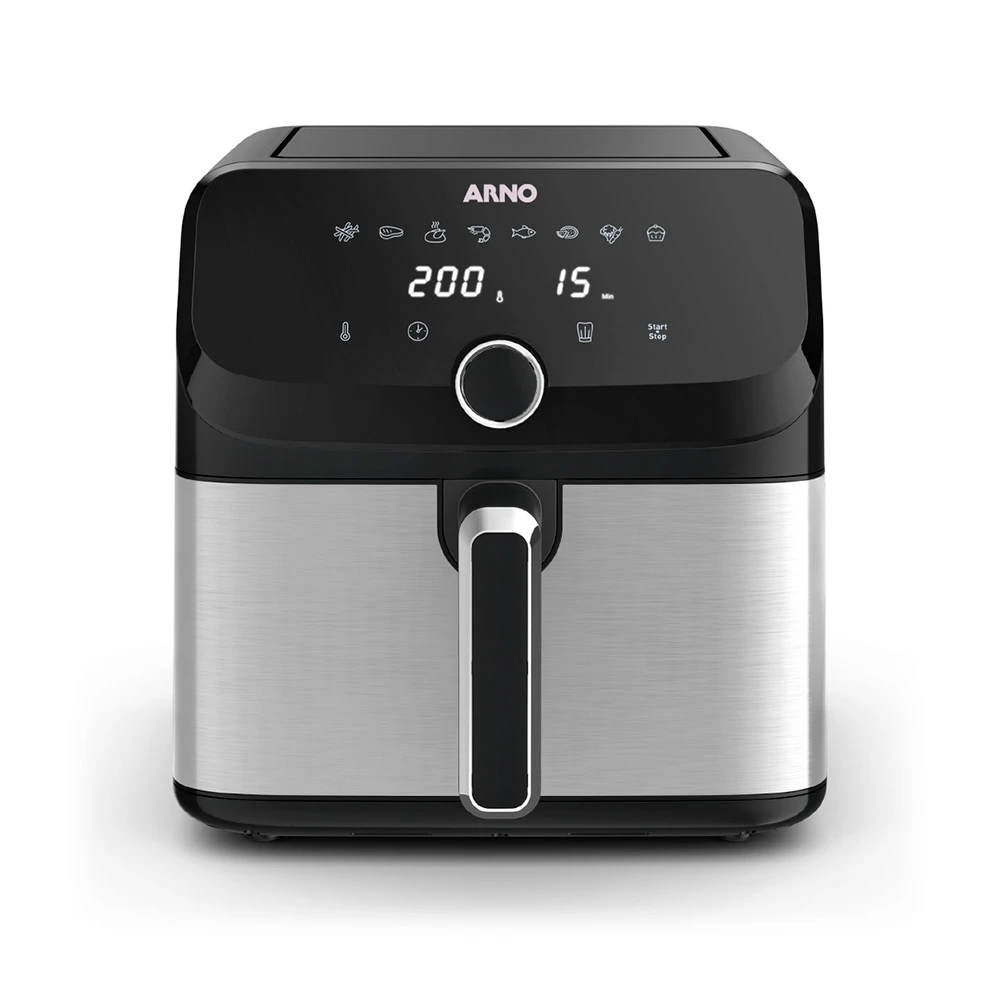Freidora de aire ARNO negra con panel digital, controles táctiles y cajón frontal extraíble con asa vertical.