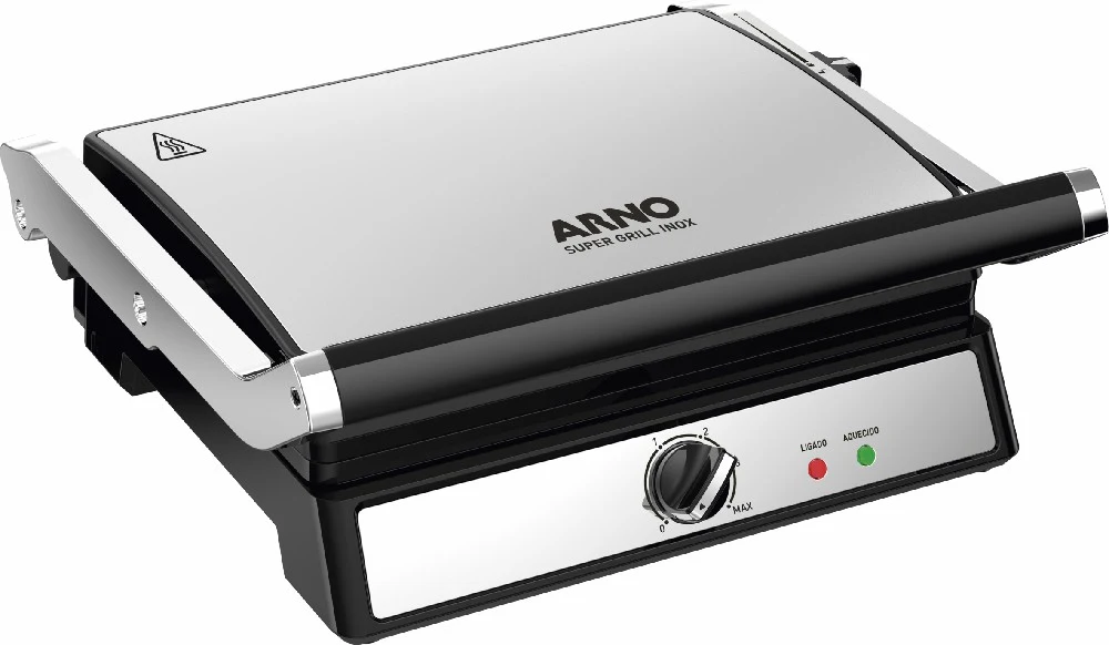 Grill eléctrico Arno de cuerpo negro y superficies plateadas, con tapa abatible, perilla frontal y luces indicadoras roja y verde.