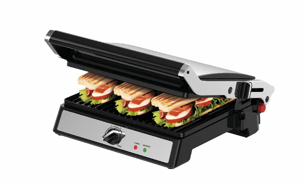 Grill eléctrico Arno de cuerpo negro y superficies plateadas, con tapa abatible, perilla frontal y luces indicadoras roja y verde. - Vista 2