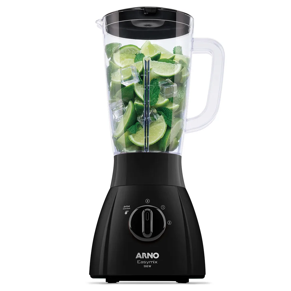 Licuadora ARNO EasyMix negra con jarra transparente graduada, selector de dos velocidades y marcas Pulse y Autoclean.