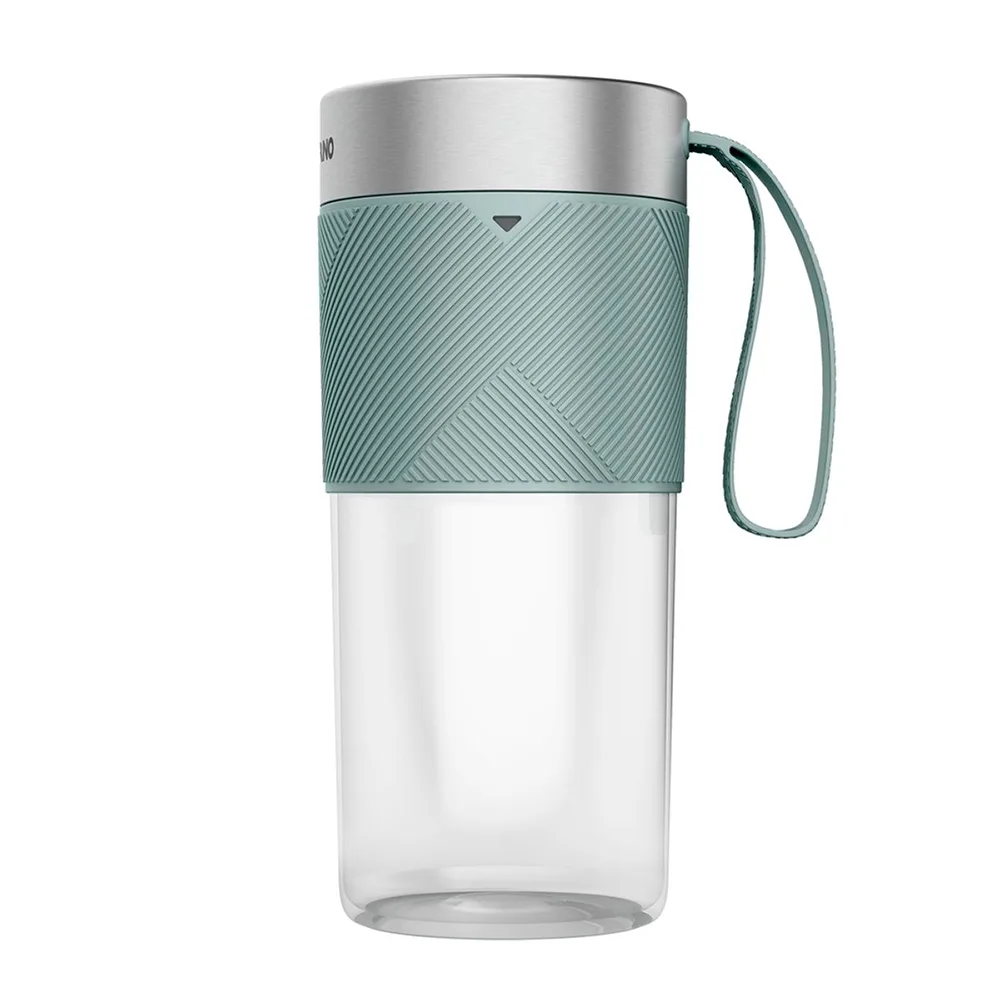 Licuadora portátil Arno Light Mix con vaso transparente, sección superior verde agua acanalada y correa lateral.