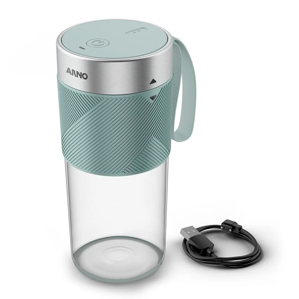 Licuadora portátil Arno Light Mix con vaso transparente, sección superior verde agua acanalada y correa lateral. - Vista 2
