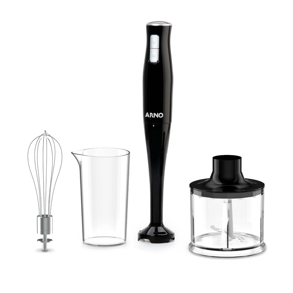 Mixer de mano negro Arno con dos botones plateados en la parte superior y accesorio inferior tipo pie de mezclado. - Vista 2
